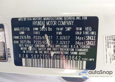 2017 Hyundai Santa Fe Sport 2.4L z USA, uszkodzony, nr VIN 5XYZTDLB0HG403842